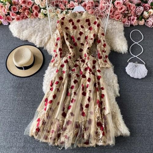 Runway Long Sleeve A-Line Party Autumn Dresses Women Boho Dress Spring Lace Embroidery 2021 Luxury Vintage Elegant High Waist