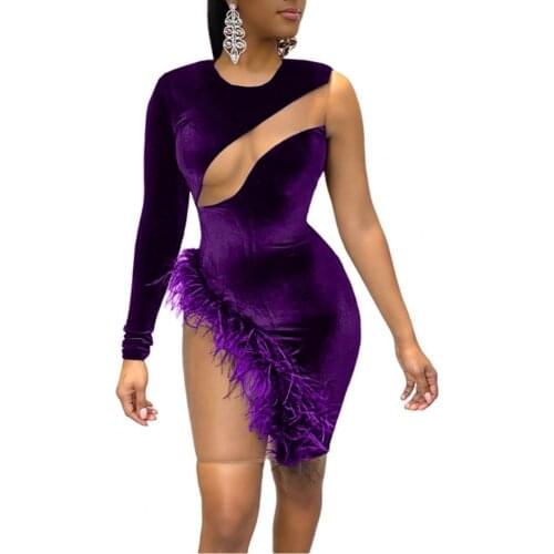 Women Sexy Bodycon Dress Sexy Long Sleeve One Shoulder Mesh Patchwork Feather Mini Bodycon Dress Vintage Wear Dress robe 2021
