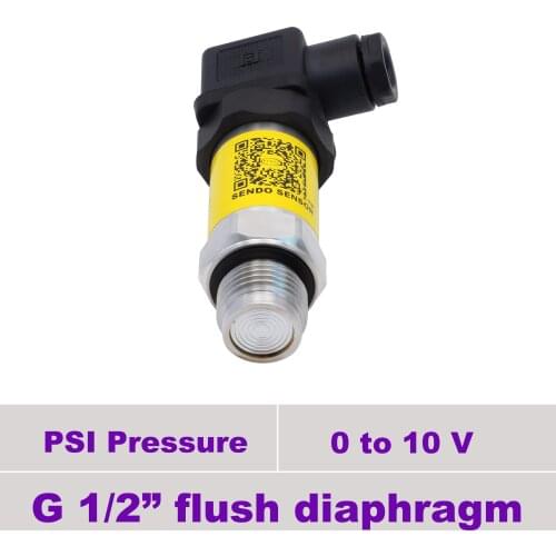 0 10 v output, flush pressure sensor, 12vdc, 24Vdc power, 0 10, 30, 100psi, 1500, 2000, 3000,6000 psi, AISI 316L diaphragm, IP65