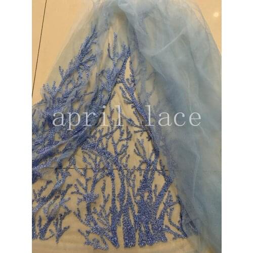 5yards/bag s002 blue beads branch pattern embroidery tulle mesh lace fabric for sawing bridal wedding dress/ ball gown