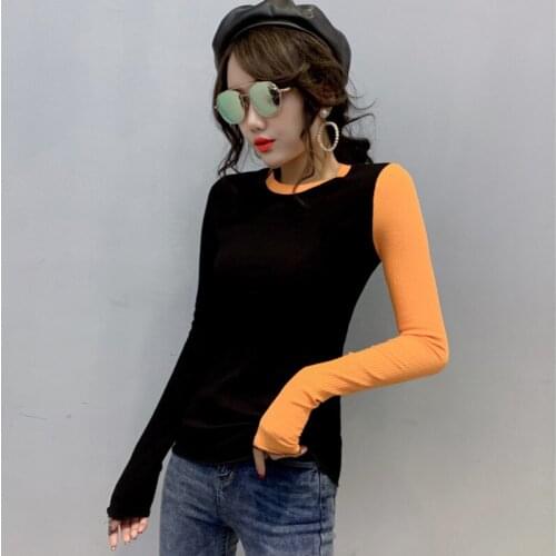 #5532 Spliced Color Knitted T-shirt Women O Neck Sexy Slim Top Female Long Sleeved Stretch Tight Women T Shirt Spring Autumn