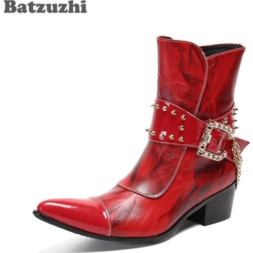 Batzuzhi Western Cowboy Boots Punk Genuine Leather Ankle Boots for Mens Party and Wedding Red Punk Botas Hombre,Big Sizes US12
