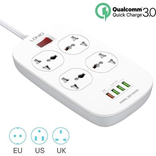 EU/UK/US Universal Quick Charge 3.0 Power Strip Surge Protector USB, Multi Outlets Plug 4-Outlet 4 USB Charging Ports