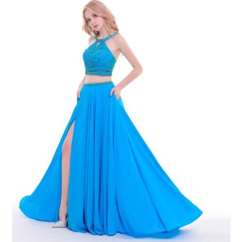 Finove 2020 New Prom Dresses A-Line Two Pieces Blue Sexy Backless Side Split Beading Pockets Long Party Dress Gowns For Women