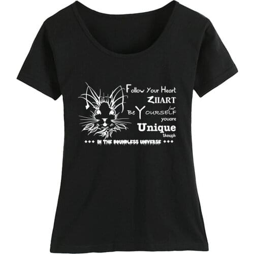 Cotton Girl Woman Short Sleeve T Shirt Cartoon Kitten Pussycat Cat Boundless Universe Follow Your Heart Summer ZIIART