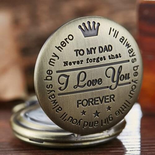 Pocket Watch TO MY DAD I LOVE YOU Laser Engraved Quartz Flip Clock for Daddy Birthday Fathers Day Present Fob Chain Clock Gift