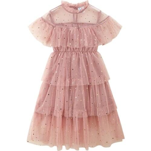 Summer Girls Dress Fashion Star Sequins Mesh Dress Short Sleeve Big Girls Party Dress DT028