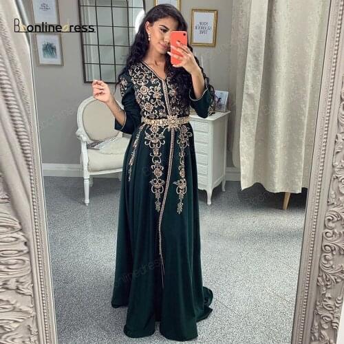 Moroccan Kaftan Evening Dresses Embroidery Appliques Long Evening Dress Full Sleeve Arabic Muslim Party-Dress robe-de-soiree