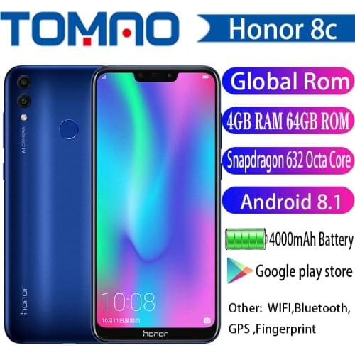 Global ROM Honor 8C MobilePhone Snapdragon 632 Octa Core 4000Mah 3 Cards Face ID Full Screen 6.26 inch 8.0MP Dual Rear Camera