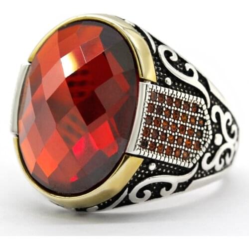 Real 925 Sterling Silver Vintage Men Ring with Big Red Cubic Zircon Stone Punk Male Rings Turkish Handmade Precious Jewelry Gift