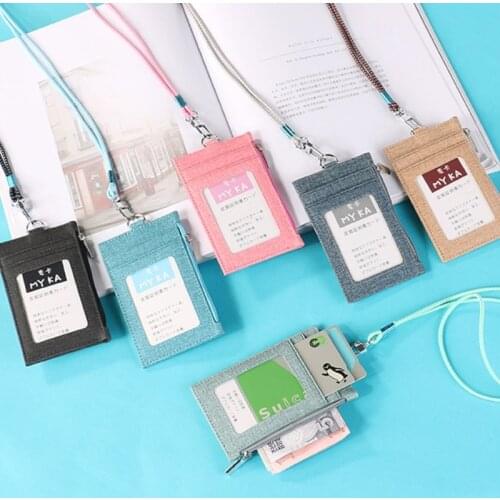 Men Women Business Card Holder Wallet with Cotton Linen Lanyard Neck Strap Faux Leather ID Badge Case Zipper Wallet Pocket