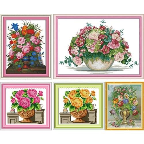 Joy Sunday Rose Vase Stamped Cross Stitch Kit Embroidery Needlework Sets 11CT14CT Printed Embroider DIY Handmade Home Decoration