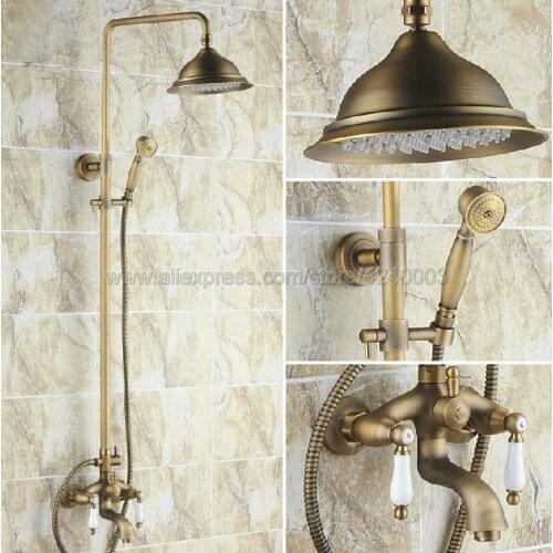 Antique Brass 8 inch Shower Head Bathroom Shower Faucet Sets Double Handles Tub Mixer Tap with Hand Shower Krs161
