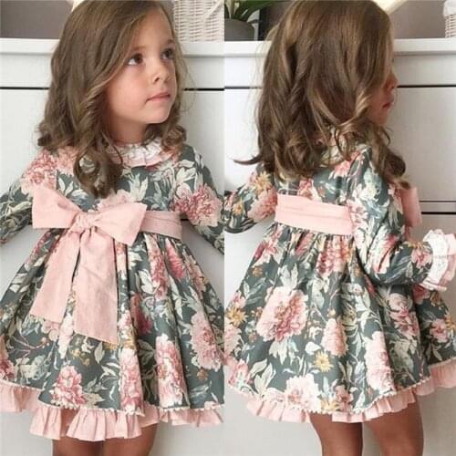 Spring Autumn Toddler Kids Flower Baby Dress Girls Long Sleeve Bow Princess Party Tutu Wedding Birthday Dresses Clothes 1-6Y