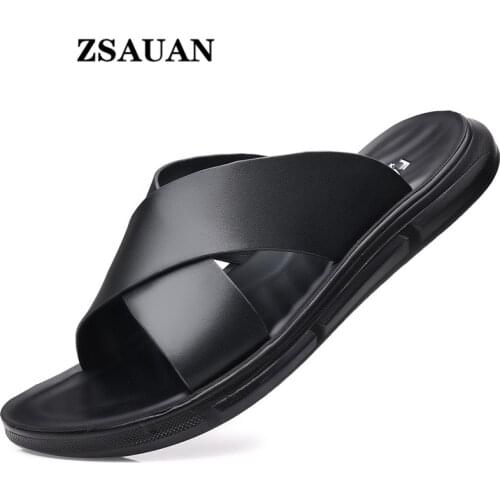 ZSAUAN Simple Leather Men Slippers Cross Fashion Casual Basic Men Summer Shoes Indoor Non-slip