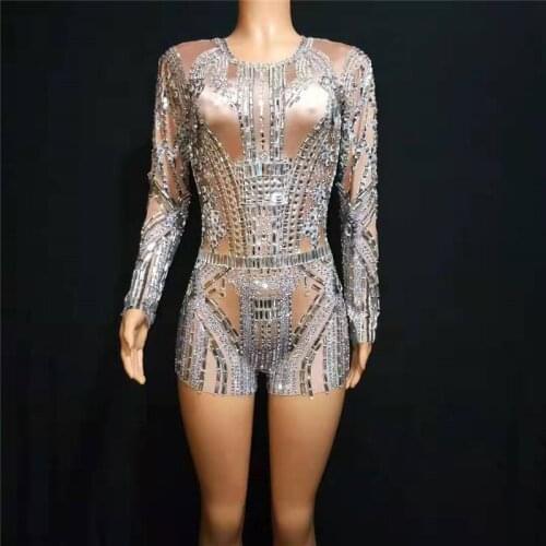 T11 Long sleeve club stage dance wears dj costume crystal bodysuit party full rhinestone outfit elastic stretch clothe dress bar