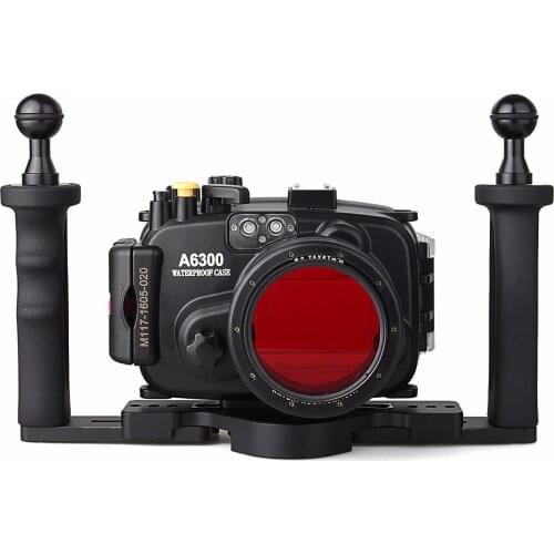 Meikon 40m/130ft Waterproof Underwater Camera Housing Case for A6300 16-50mm Lens + Two Hands Aluminium Tray + 67mm Red Filter