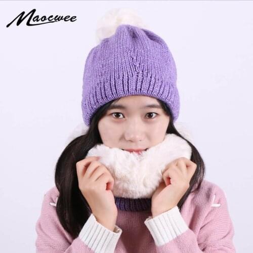 New Winter Warm Thick Pom Pom Beanie Hat And Ring Scarf Set For Women Men Knitted Outdoor Biggy Crochet Slouch Hat With Lining