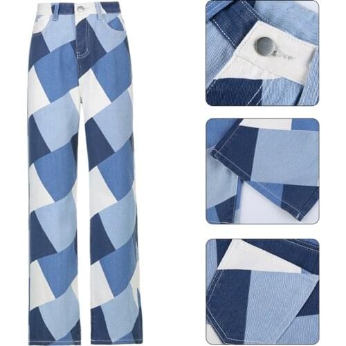 Womens High Waist Wide Leg Baggy Jeans Vintage Contrast Color Argyle Plaid Print Denim Pants Harajuku Straight Long with