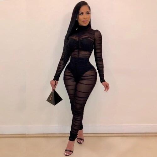 Sexy Black Sheer Mesh Ruched Rompers Womens Jumpsuit O Neck Long Sleve Stacked Pants See Through Club wear Body Jumpsuit Women