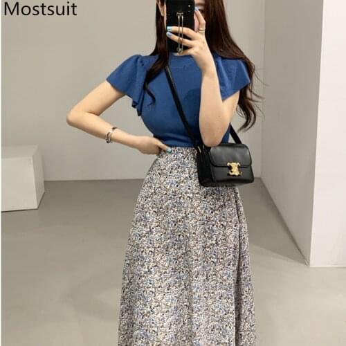 2020 Summer Korean Fashion 2 Piece Skirt Sets Outfits Women Blue Tops + Printed Elastic Waist A-line Skirt Vintage Matching Sets