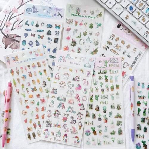 1 Sheet Kawaii Cat Cactus Fruit Drink Starry Cat Mini Decorative Stickers Notebook Decoration