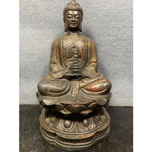 10"Chinese temple collection Old Bronze Cinnabar Lacquer Shakyamuni Buddha statue Sitting on the lotus platform Enshrine