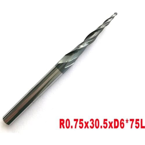 2pcs-R0.75*D6*30.5*75L*2F HRC55 Tungsten solid carbide carving Tapered Ball Nose End Mills cone milling cutter