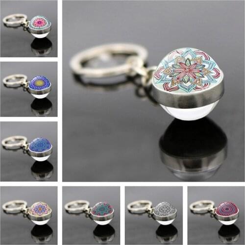 FIMAODZ Mandala Flower Keychain Charm Crystal Double-sided Cabochon Ball Alloy Key Chain for Women Budddhist Geometry Jewelry