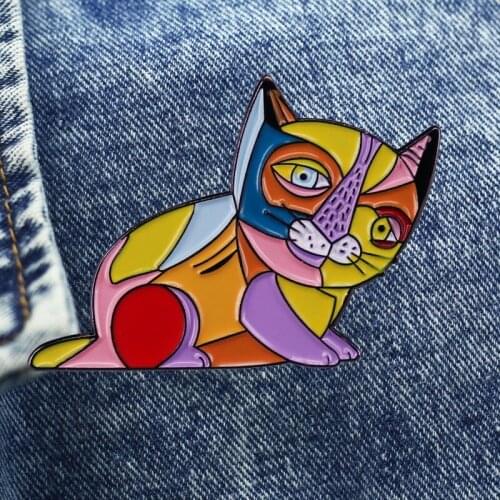 Cute Abstract Cat Art Brooch Metal Enamel Lapel Badge Collect Denim Jacket Backpack Pin Decoration Children Fashion Gifts