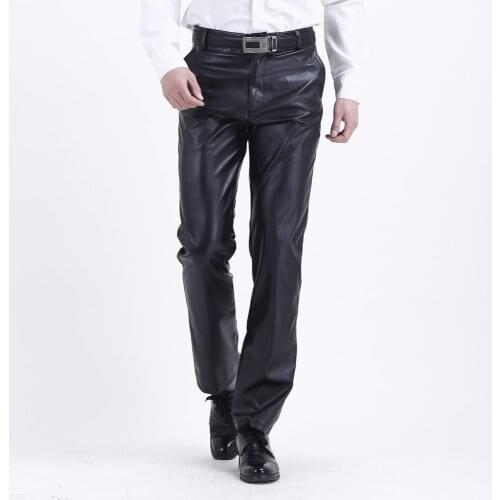 Spring Summer Mens Soft Faux PU Leather Pants Classic Business Formal Male Black Fashion Casual Stretch Trousers Big Plus Size