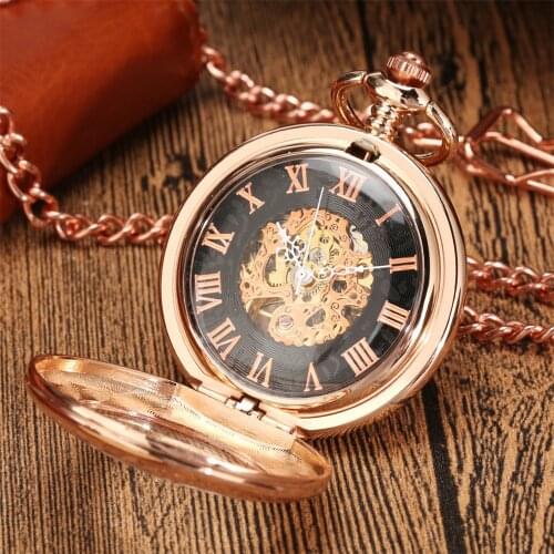 Rose Gold Roman Numerals Manual Mechanical Watch Chain Pendant Hand Winding Pocket Clock Transparent Glass Antique Timepiece