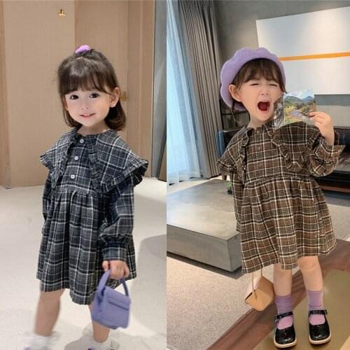 Childrens Retro Plaid Dress Spring And Autumn New Style Mori Girl Long-Sleeve Big Collar Princess Dresses WTA13