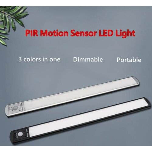 PIR Motion Sensor LED Under Cabinet Light 3 Colors Dimmable USB Rechargeable Wardrobe Closet Cupboard Install Ultra-thin Lamp