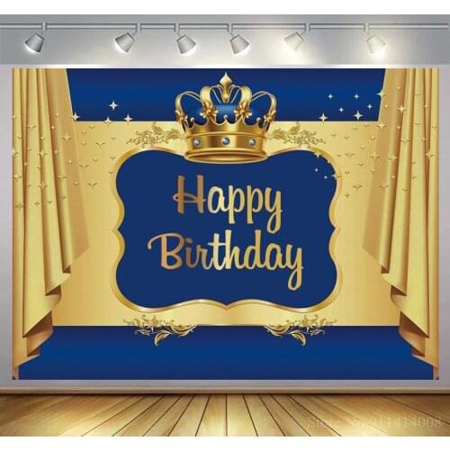 Royal Blue Crown Prince Happy Birthday Newborn Backdrops Photography Golden Curtain Baby Shower One Year Old Party Background