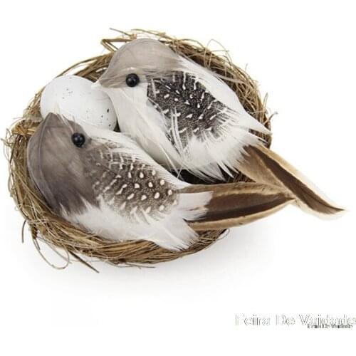 1 Set Artificial Feathered Birds & Nest & Egg Creative Craft Birds Sculpture Lawn Arts Ornaments Home Garden Lawn Decoration