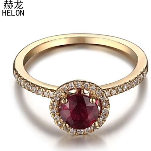 Solid 14K (585) Yellow Gold Real Diamond Flawless 5MM Round Treated Ruby Ring Setting Engagement Wedding Women Fine Jewelry Ring