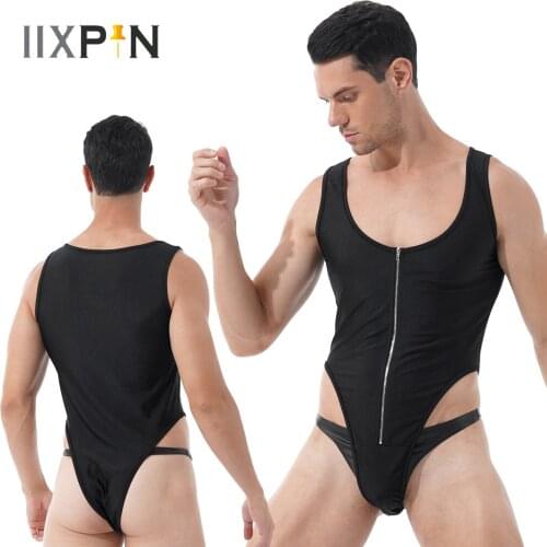 Mens Erotic Lingeire Bodysuit U Neck High Cut Skinny Romper Leotard Sleeveless Zipper Front Bodycon Sport Gym Fitness Jumpsuit