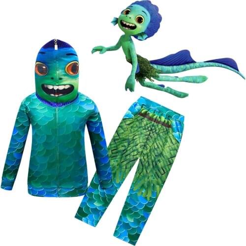 2021New Alberto Sea Monster Cosplay Fish Monster Suit Childrens Halloween Boys Luca Costume Zipper Coat Sweater + Trousers Set