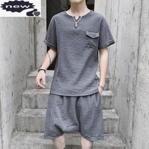 Chinese Style Summer Mens Loose Fit Casual Two Piece Outfits Short Sleeve Pullover Pockets T-Shirts Elastic Waist Cross Shorts