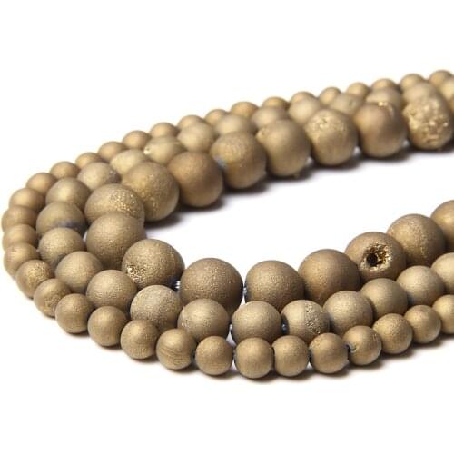 Metallic Coated Gold Color Natural Drusy Agat Stone Round Beads for Jewelry Making DIY Bracelet Necklace Accessories 6 8 10 12mm
