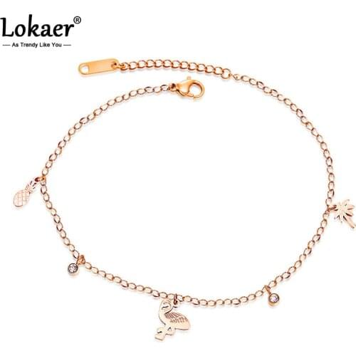 Lokaer Titanium Steel Bohemia Holiday Beach Chain & Link Anklets For Women Girls Trendy CZ Pineapple Bird Charm Anklet A19030
