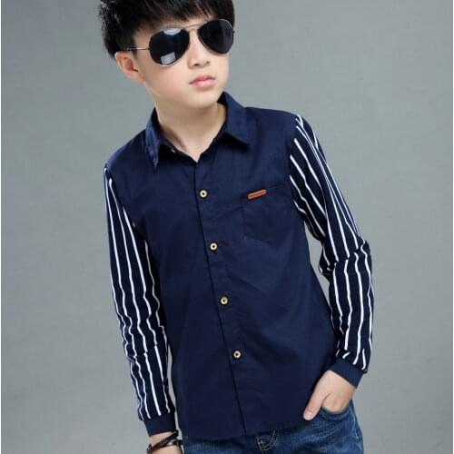 Fashion Childrens Wear Boys Shirt Long Sleeve Autumn Wear Childrens Casual Kids Striped Shirt 4-12 Ages Navy Blue White Shirt