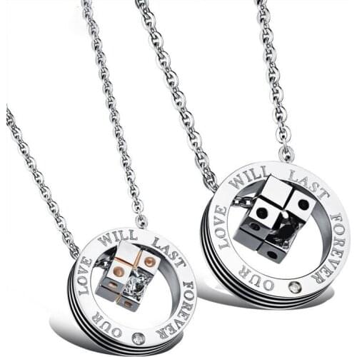 Korean Style Fashion Couple Necklace Stainless Steel Color Love Cube Set Zircon Pendants ValentineS Day Present Jewelry