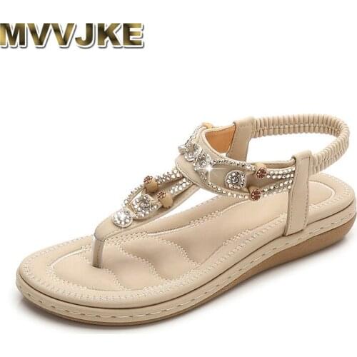 MVVJKESummer Women Fashion Crystal Bohemia Ethnic Flat Sandals Flip Flops Casual String Bead Beach Shoes Ladies High Quality