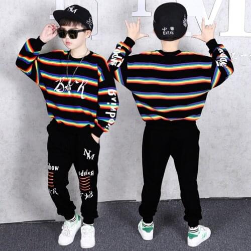 New Spring Long Sleeve Rainbow Stripes print Costume Boy Clothes Kids Outfit Suit Children Clothing Set 3 4 5 6 7 8 9 10 14Years