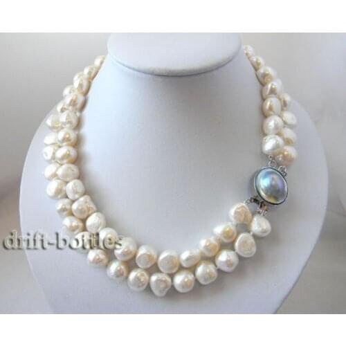 2Strands 17'' 12mmx14mm Baroque White Freshwater Pearl MABE Clasp Necklace