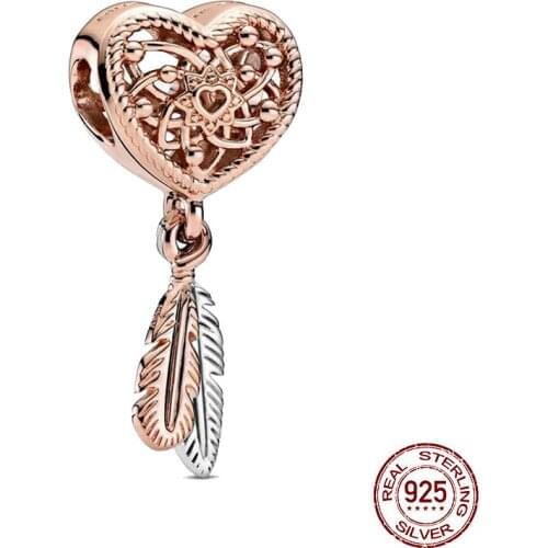 New 925 Sterling Openwork Heart & Two Feathers Dreamcatcher Charm Fit Original Pandora Charm Bracelets Necklace For Women