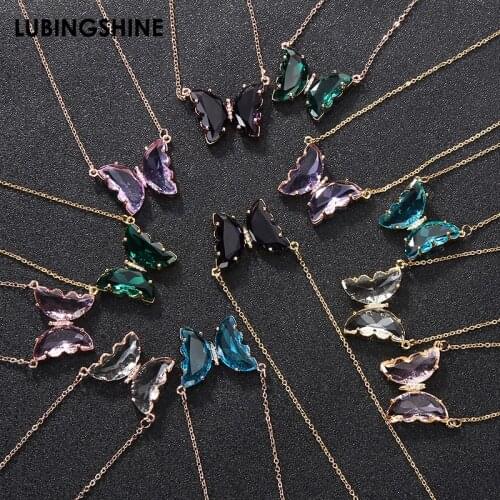 Color Crystal Butterfly Pendant Necklaces Gold Color Chain Cute Necklace Collars Fashion Jewelry For Girls Women Gift