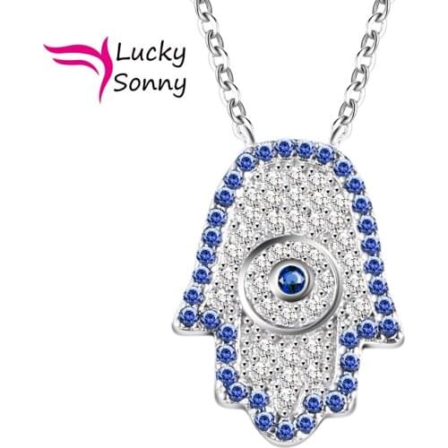Middle East Popular S925 Silver Jewelry Micro Paved White Mixed Blue CZ Hamsa Hand Pendant Necklace Lucky Sonny Free Shipping